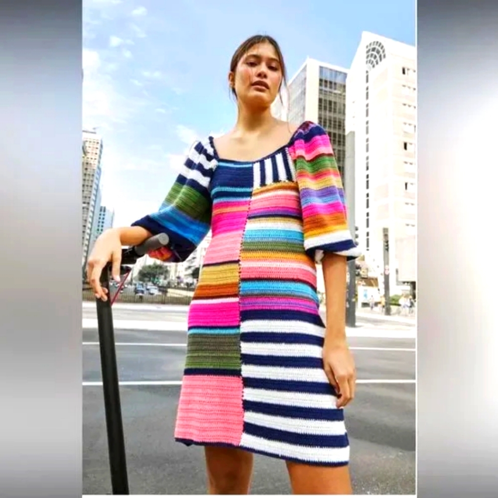 Striped Mini Dress Crochet in Size M